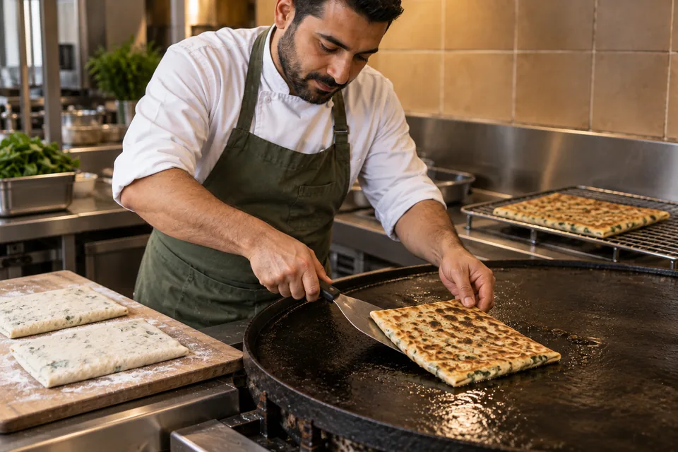 The cook turns a golden rectangular gozleme on a large griddle; uncooked and cooked parcels are beside it.