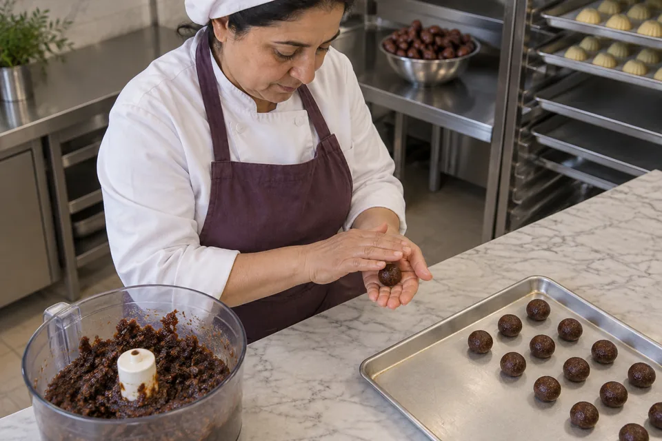 The cook rolls date paste into small even balls beside the remaining paste.