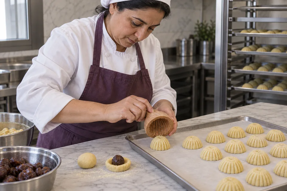 The cook releases a molded semolina cookie beside a dough cup holding date filling.