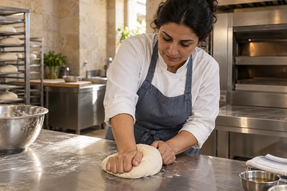 A cook kneads a smooth pale dough on the professional bakery worktop.