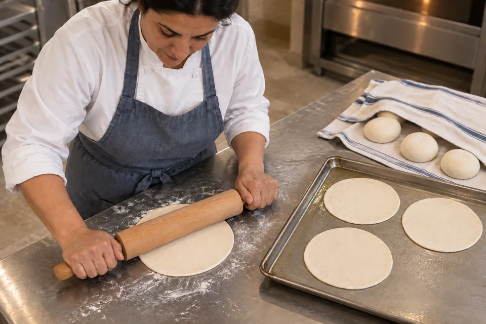 The cook rolls a thin round beside three shaped rounds and four covered dough portions.