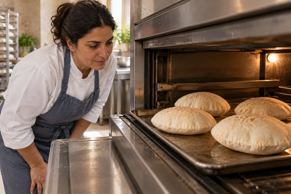 Four pita rounds have ballooned into pockets on a tray inside the oven.