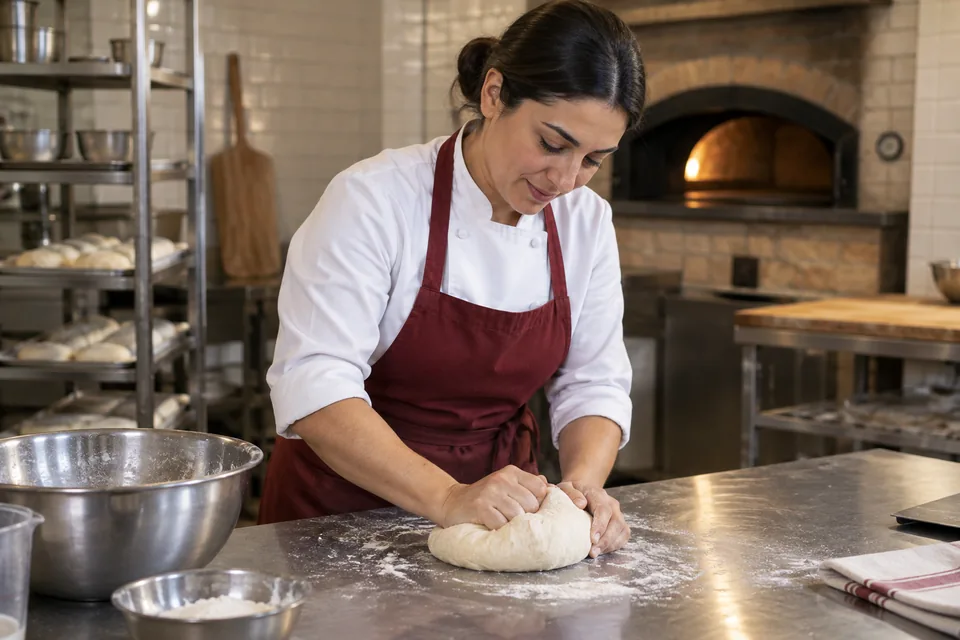 A cook kneads an elastic pale dough on the bakery worktop.