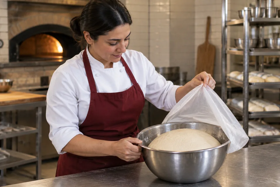 The cook lifts the bowl cover to inspect the risen dough.