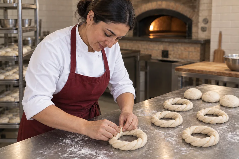 The cook joins a twisted dough ring; five rings and three unshaped portions are visible.