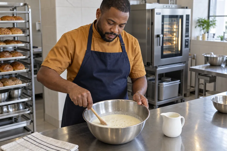 Cook stirring the creamy buttermilk, butter and yeast mixture in a stainless bowl.