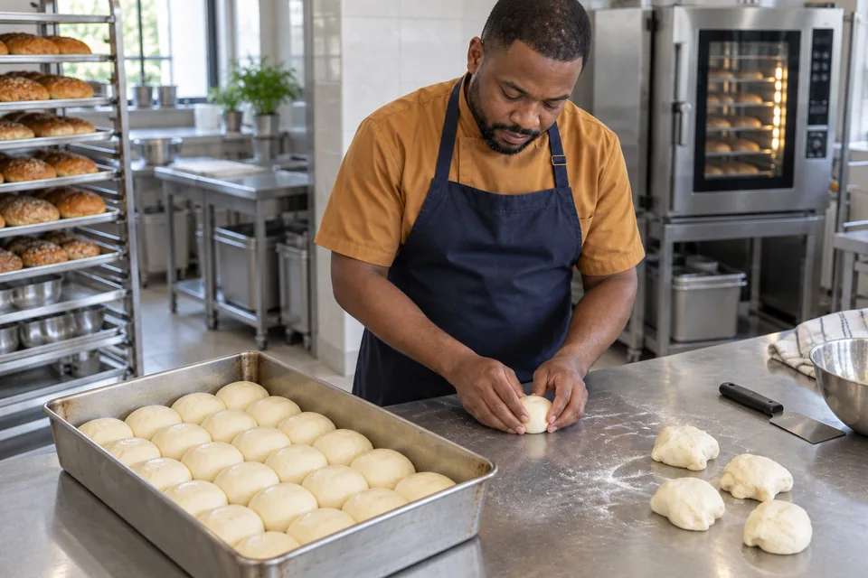 Cook rounding dough portions beside a pan of snugly packed rolls.