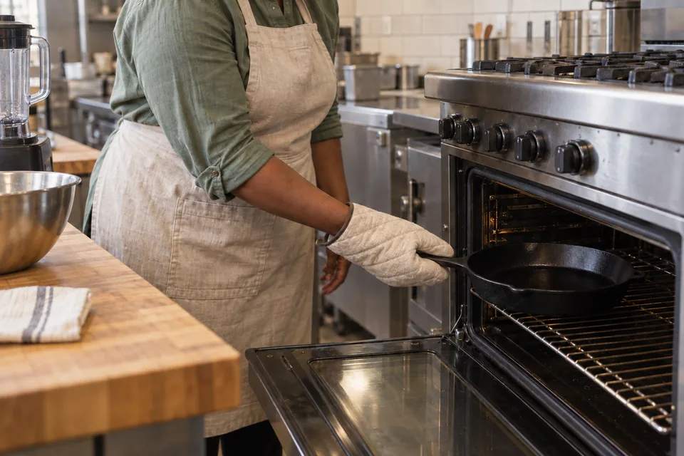 A cook wearing an oven mitt places an empty black cast-iron skillet on the lower-middle oven rack.