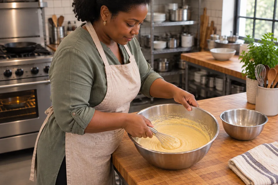 A cook leans over the bench, whisking the combined pale yellow cornmeal batter in a stainless bowl.