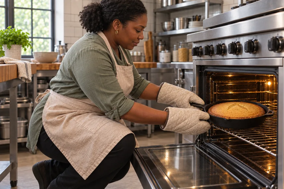 A cook bends beside the oven and uses thick mitts to steady a skillet of golden cornbread on the oven rack.