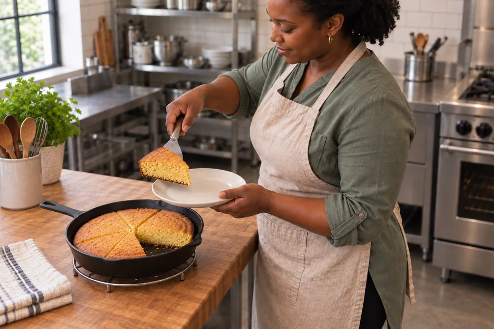 A cook serves a cut cornbread wedge onto a plate; a matching gap remains in the round bread in the skillet on its trivet.