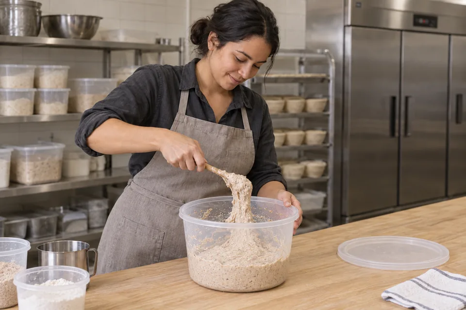 Baker finishing a starter feed made with white and whole-wheat flour.
