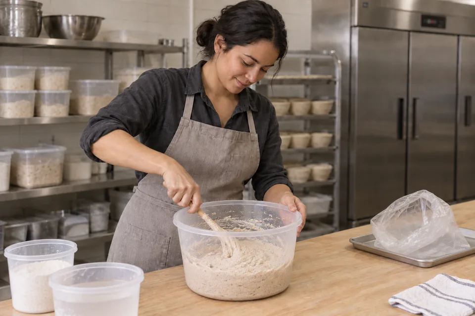 Baker refreshing a stored starter with fresh flour and water, with the emptied storage bag set aside.