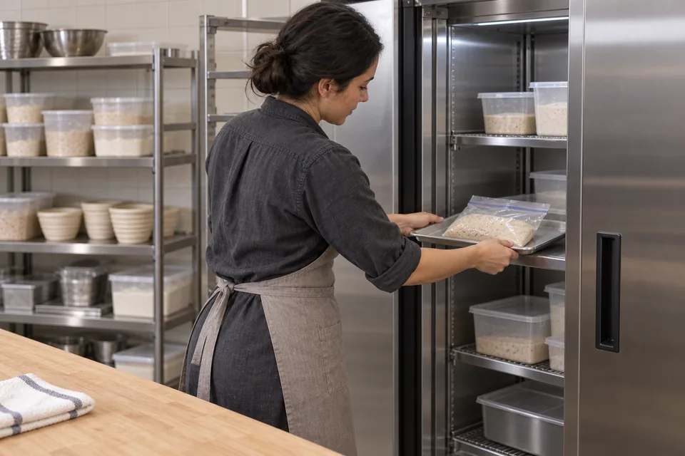 Baker sliding a tray holding a sealed bag of starter into a refrigerator.