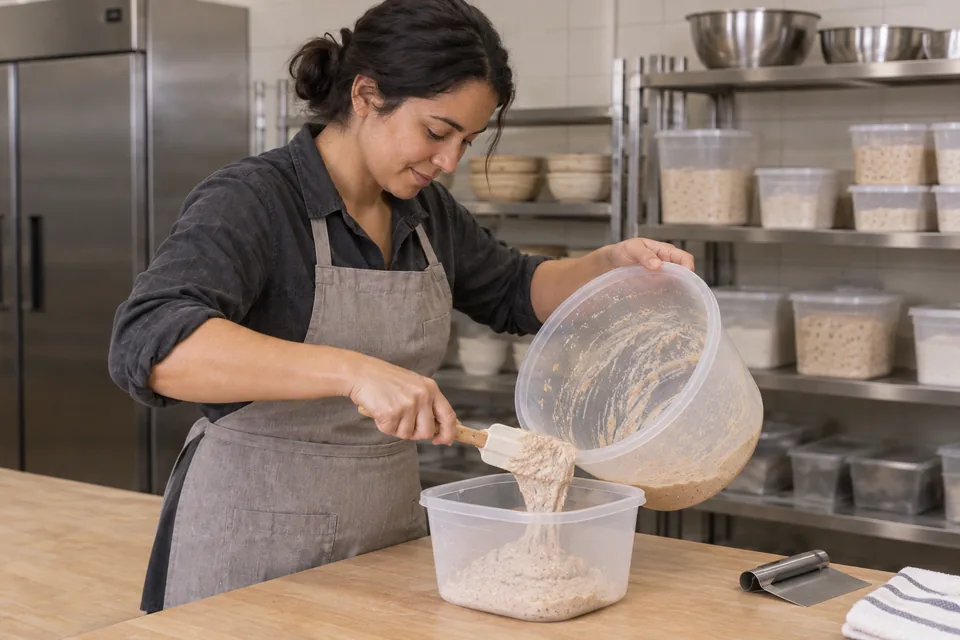 Baker transferring a retained portion of young whole-wheat starter into a clean container.
