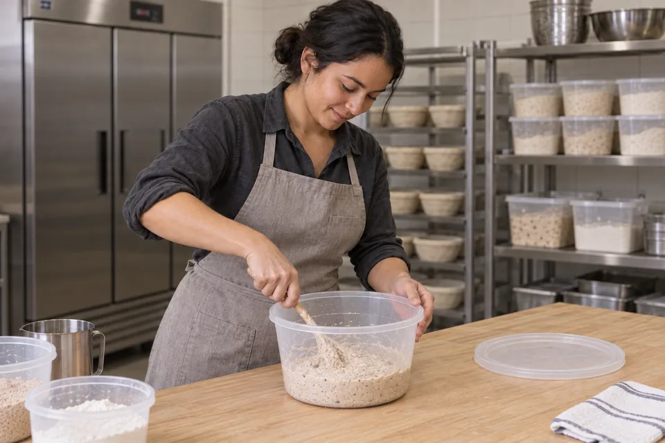 Baker mixing a smaller starter feed in a clear tub with plenty of empty space above it.