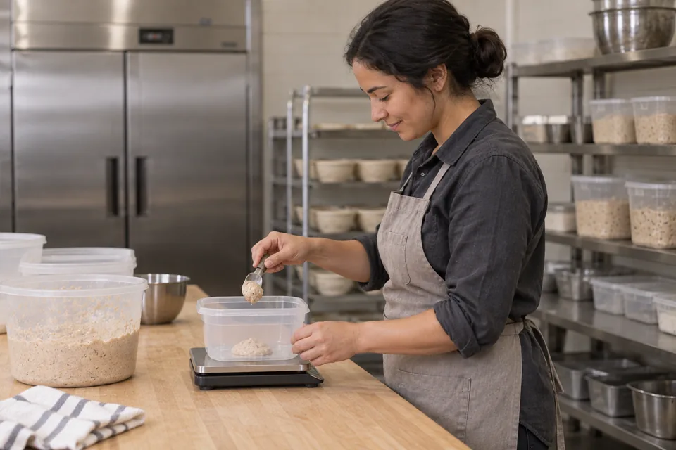 Baker measuring a retained portion of starter into a clean container on a scale.