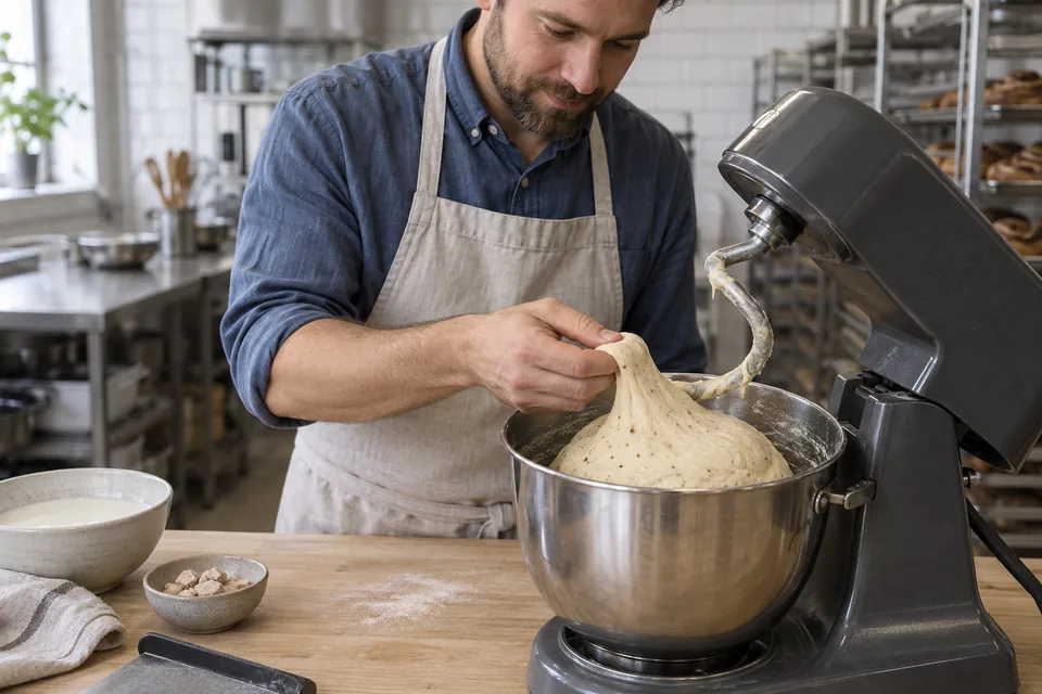 The chef checking supple cardamom dough beside a stopped stand mixer.