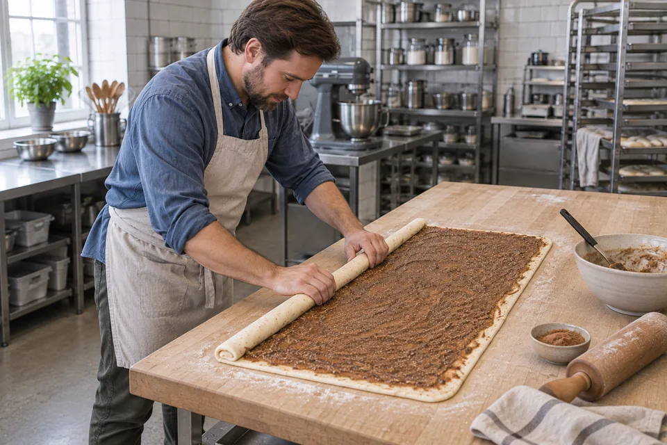 The chef leans along the pastry bench to roll the cinnamon-filled dough rectangle from its long edge.