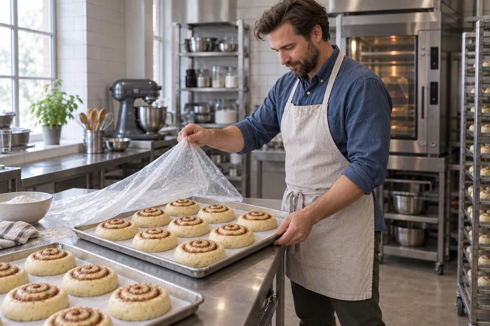 At a stainless worktop, the chef stands upright and lifts a cover from expanded cinnamon spirals on a lined tray.