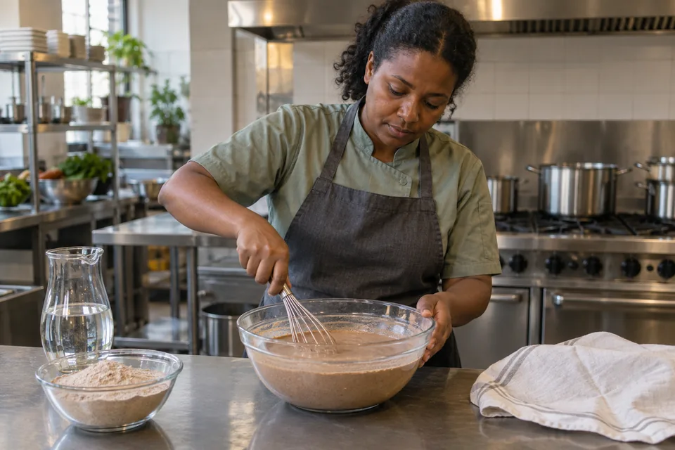 Cook whisking brown teff batter in a glass bowl in a professional kitchen.