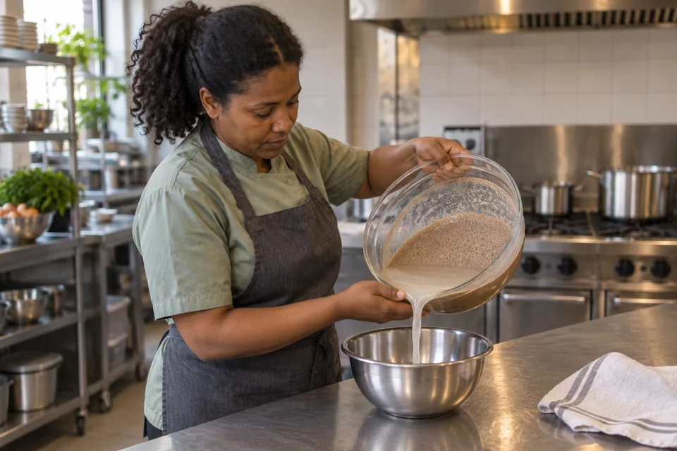 Cook pouring cloudy surface liquid away from thick fermented teff batter.