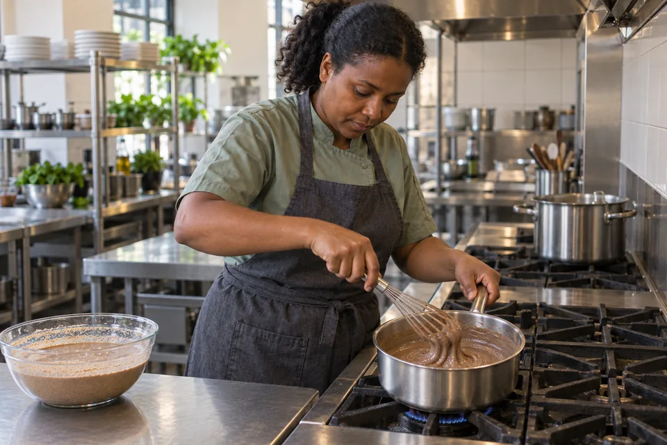 Cook whisking a thick brown absit paste in a saucepan beside the remaining teff batter.