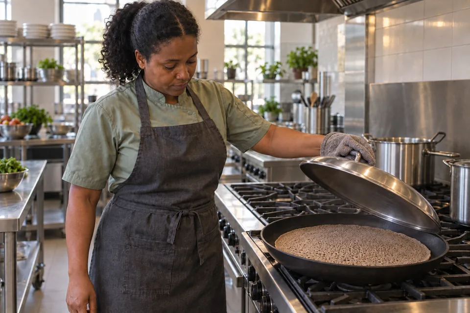 Cook lifting the lid to inspect the porous, fully set injera over an unlit burner.