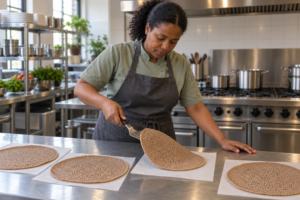Cook placing a flexible injera round on parchment beside separately cooling rounds.