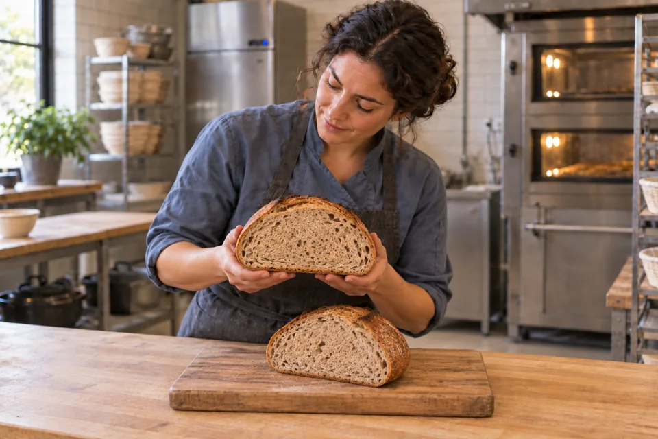 The established baker holds one half of a round whole-wheat loaf near her body; its matching half rests on the board.