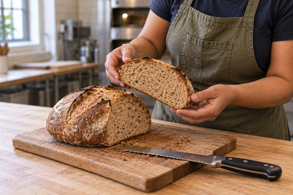 The baker holds one tan, bran-flecked sourdough slice above its cut round loaf on a wooden board.