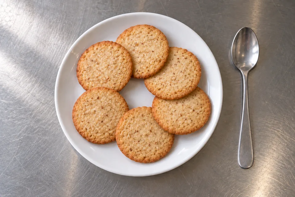 Six small golden almond cookies on a white plate beside a teaspoon.