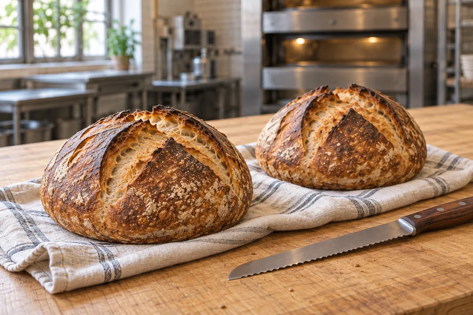 Two whole rustic round loaves sit diagonally on a cream striped cloth on the wooden bakery bench.