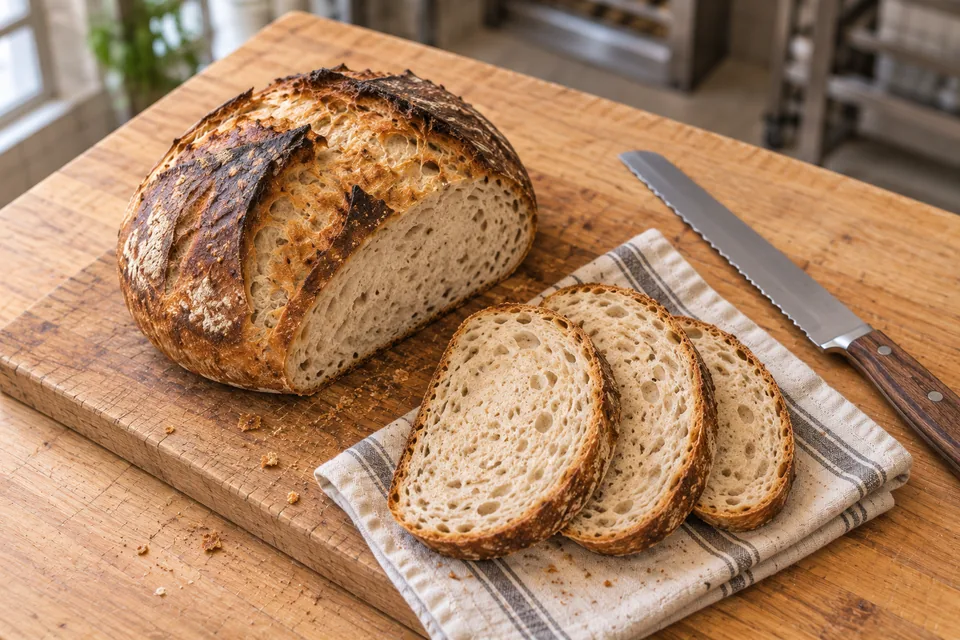 Three pale wheat-and-light-rye sourdough slices fan across a striped cloth beside their cut loaf on a wooden board.