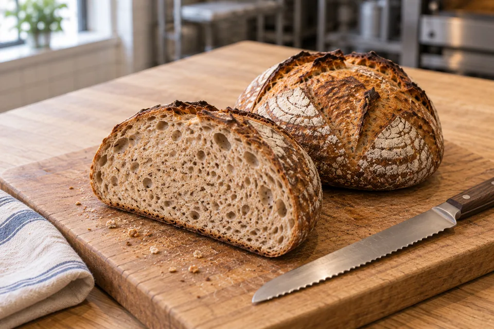 A tan-crumb sourdough half in front of a whole round loaf on a wooden board beside a bread knife.