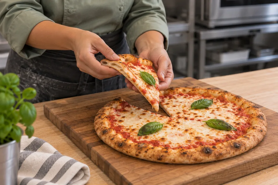 Hands hold one gently folded slice above a two-cheese pizza with a matching slice removed.