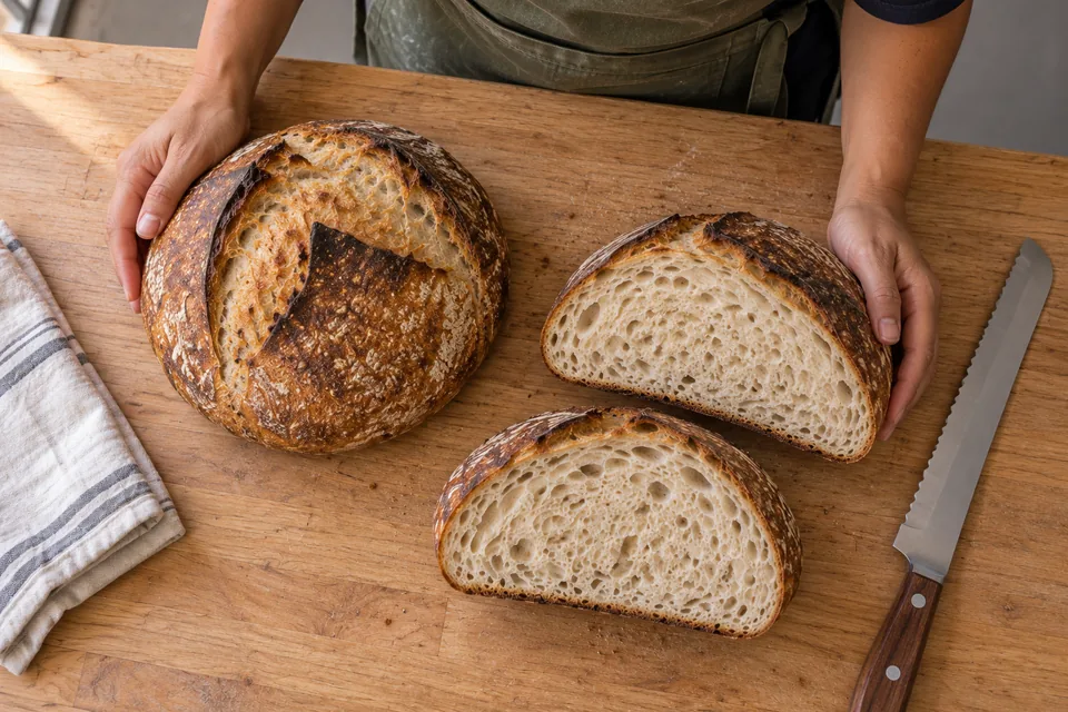 A whole round sourdough and two matching halves on a wooden workbench beside the baker's hands and a bread knife.