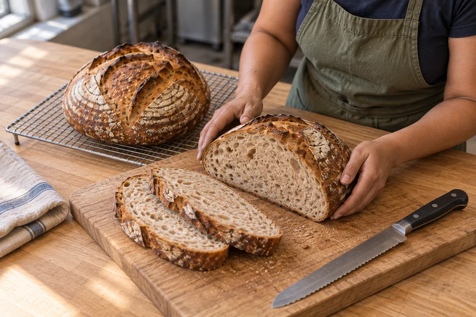 Two tan-crumb round sourdough loaves, one cut into a remaining body and two slices on a wooden board beside a bread knife.