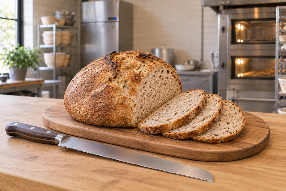 One shortened mixed-grain round with three matching thin slices and a serrated knife on an oval board.