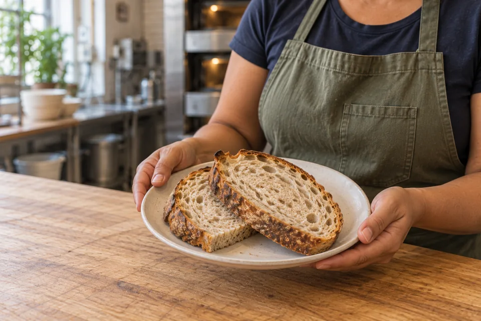 The baker holds a plain plate with two overlapping sourdough slices above the wooden workbench.