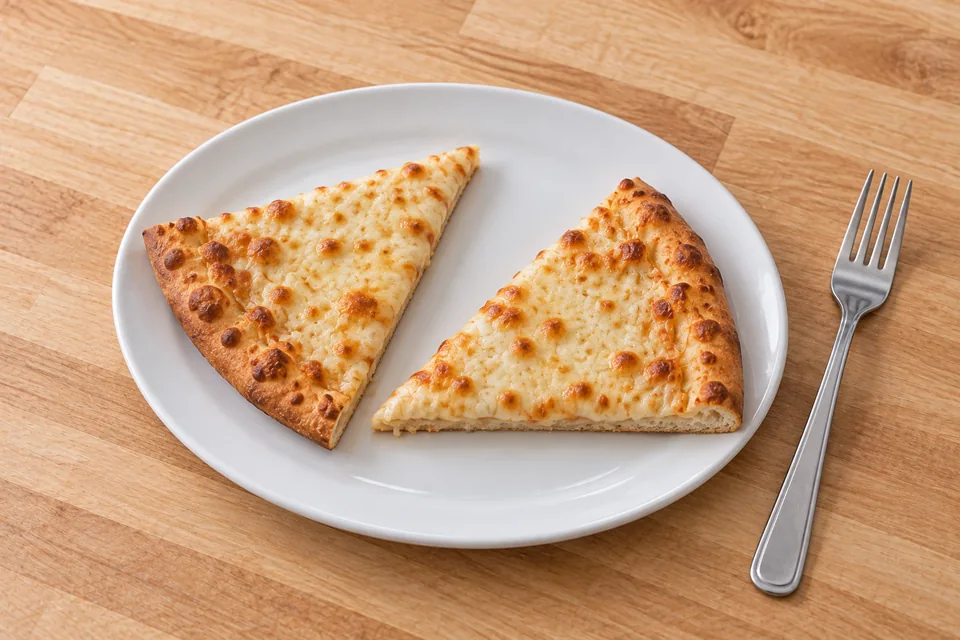 Two small four-cheese pizza wedges facing opposite directions on a plain oval plate beside a fork.
