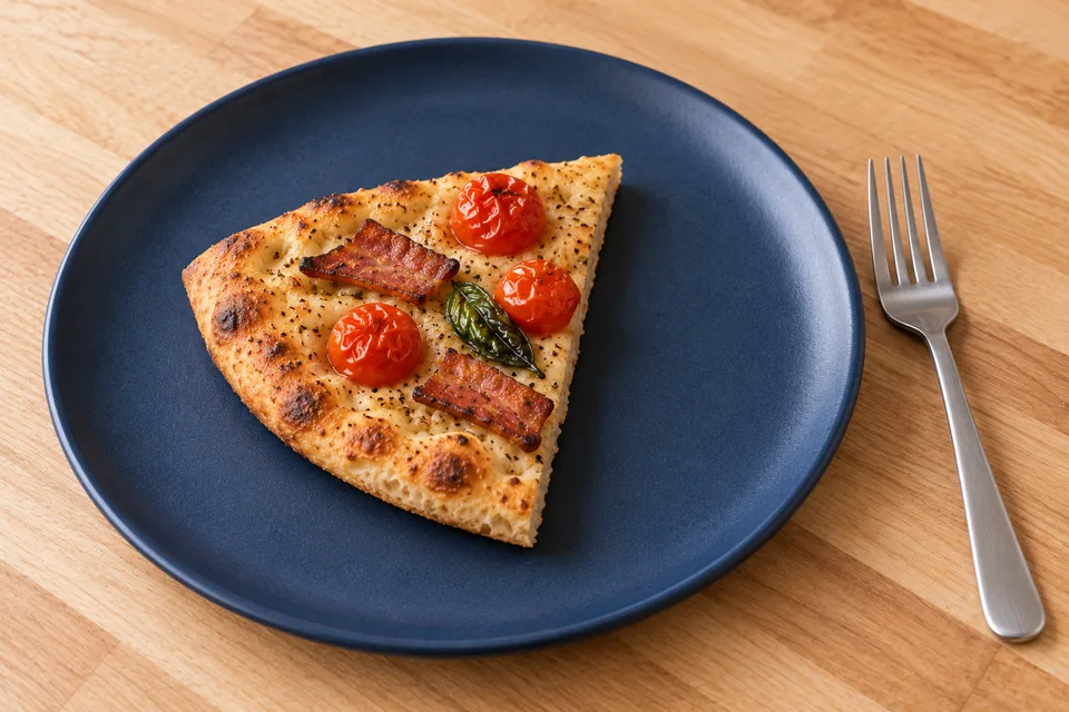 One quarter-wedge of cherry tomato and turkey bacon skillet pizza on a blue plate beside a fork.