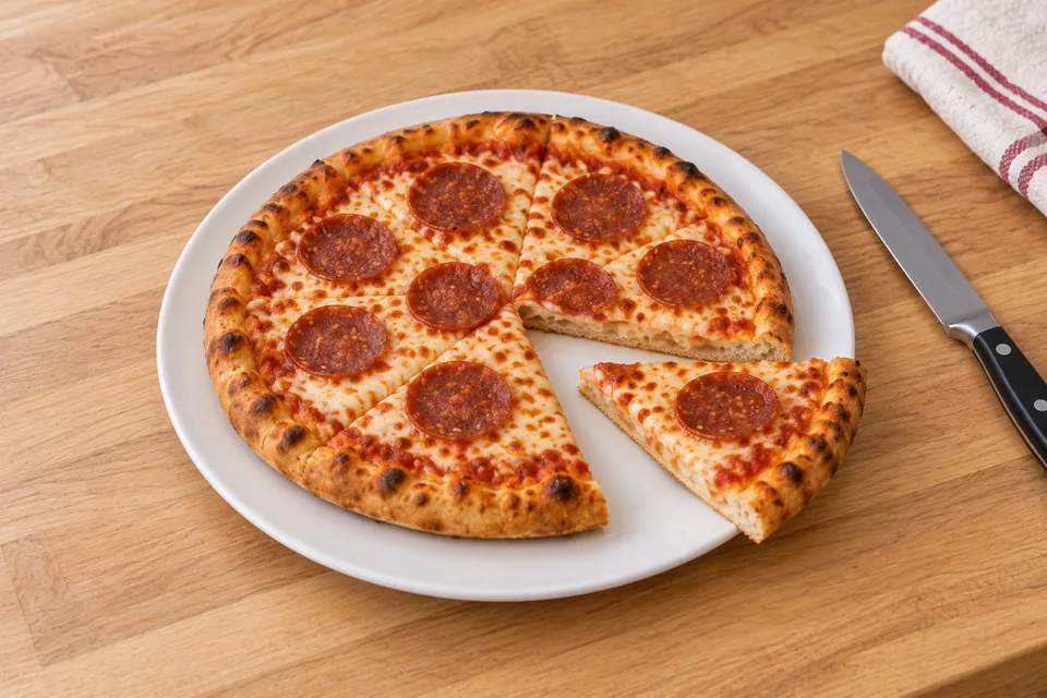 A small beef salami skillet pizza on a white plate with one matching wedge removed.