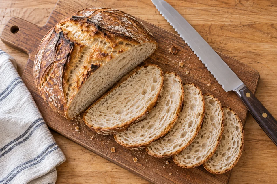 Five thin sourdough slices fan across a wooden board below their cut round loaf, viewed from above.
