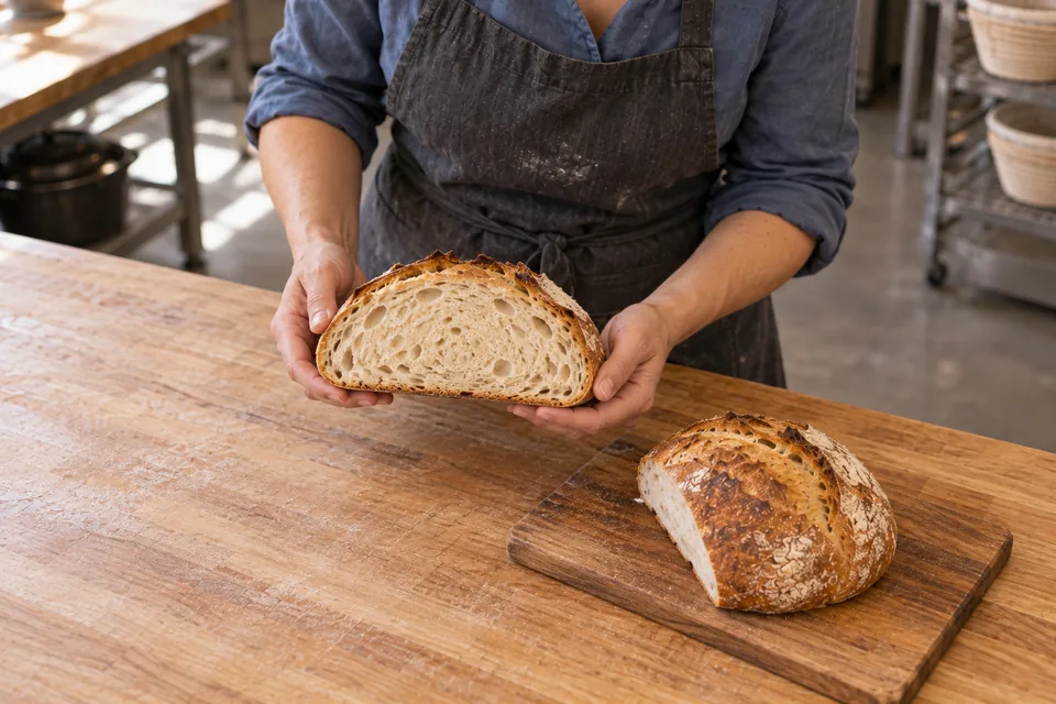 A baker holds one half of a white loaf while its matching half rests on the board.