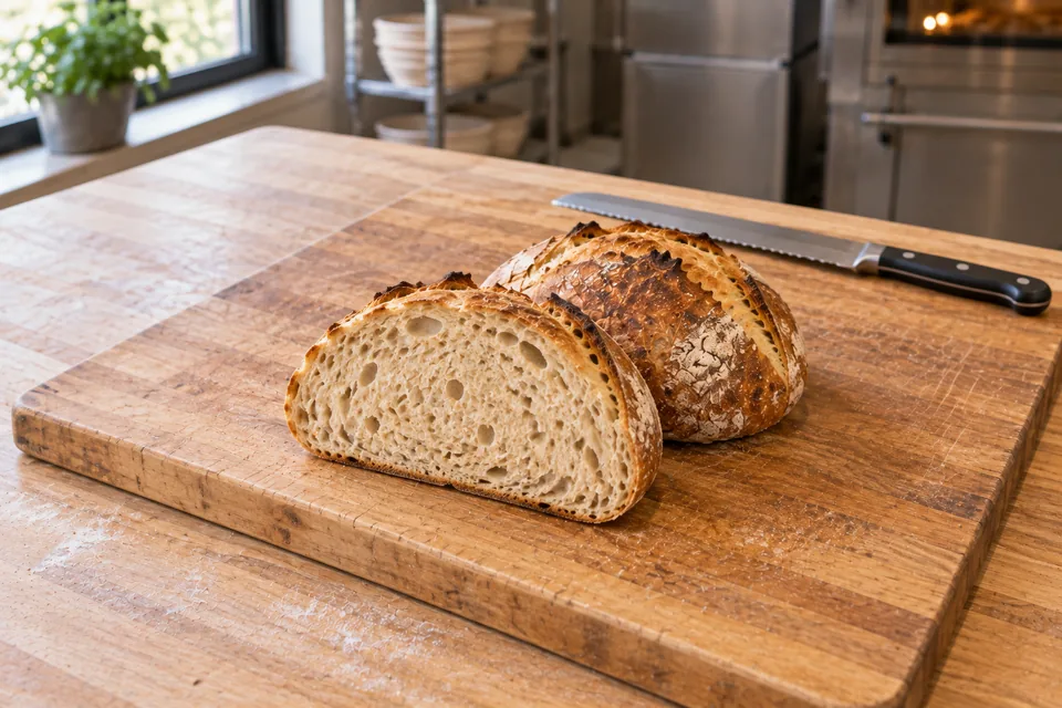 Two halves of one round white loaf on a board, with one cut face showing the open crumb.