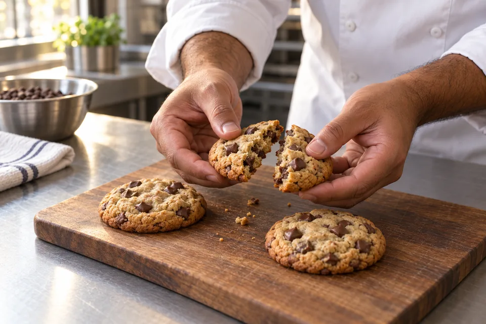 Two hands hold the matching halves of one chocolate-chip cookie above two whole cookies on a board.