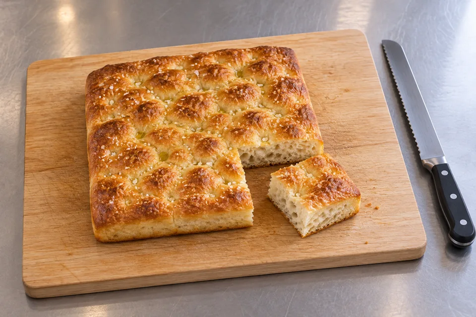 A small square focaccia with one matching corner piece removed, showing its crisp sides and airy crumb.