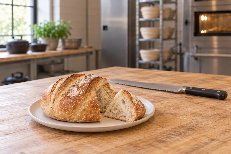 A small scored round loaf and its removed wedge on a plain plate beside a bread knife.