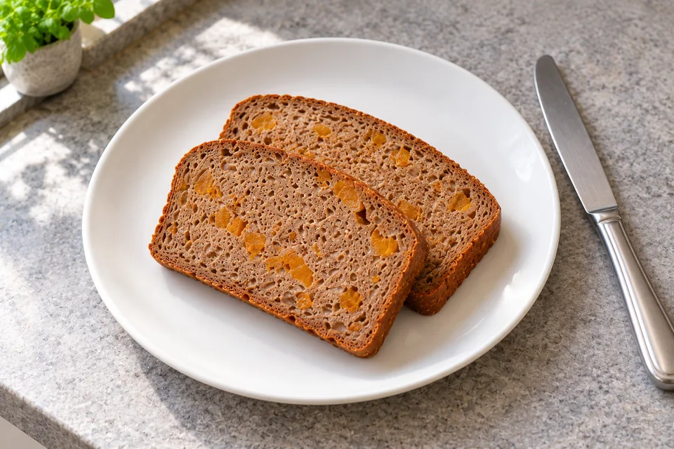 Two overlapping brown rye slices with small amber apricot pieces sit on a plain white plate beside a table knife.